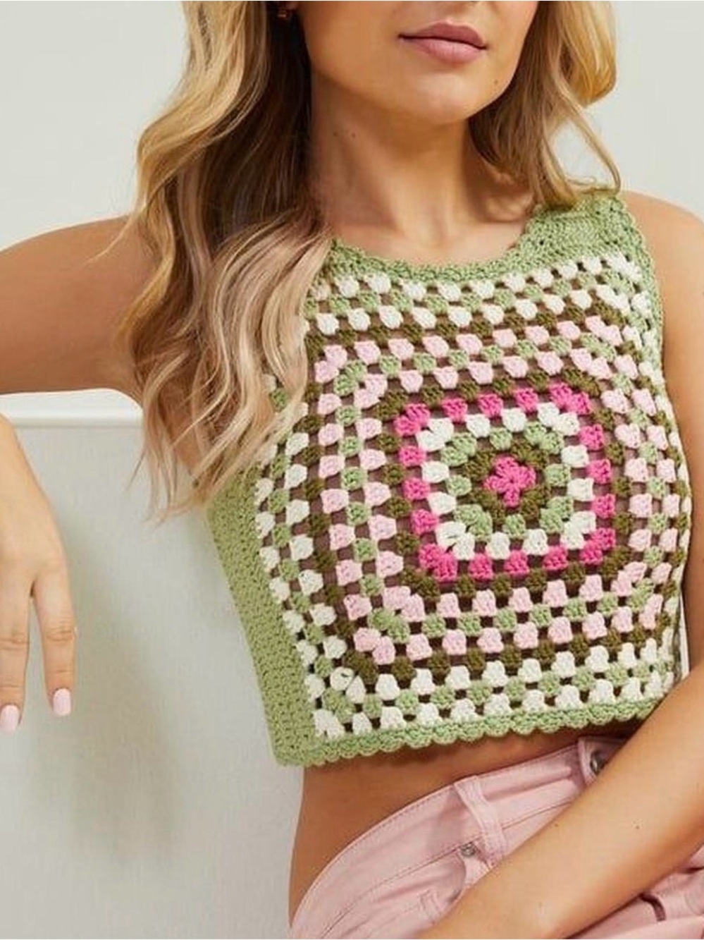 Altar'd State Crochet Square Crop Top - Green Pink Multi